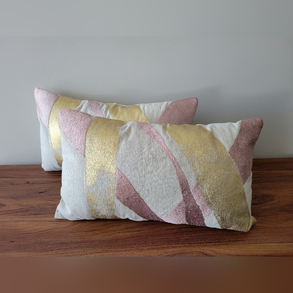 WEST ELM pink embroidered and gold metallic painted bolster pillows, set of two